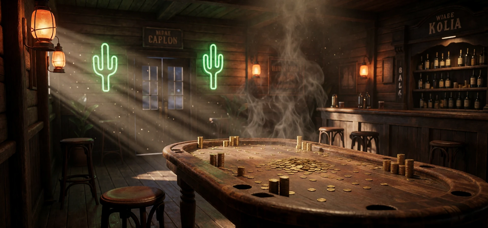 Dunkler Saloon mit Goldm&uuml;nzen und Neonlicht als Hintergrund f&uuml;r den Lizaro Casino Bonus