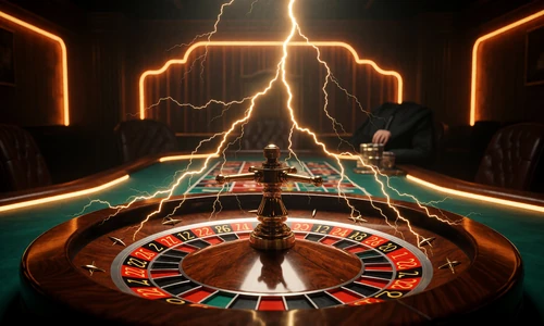 Lightning Roulette Live Casino Kachel mit Roulettekessel und Neonblitzen bei Lizaro