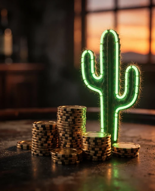 Neongr&uuml;ner Kaktus neben Goldchips als Symbol f&uuml;r Lizaro Casino Bonusbedingungen