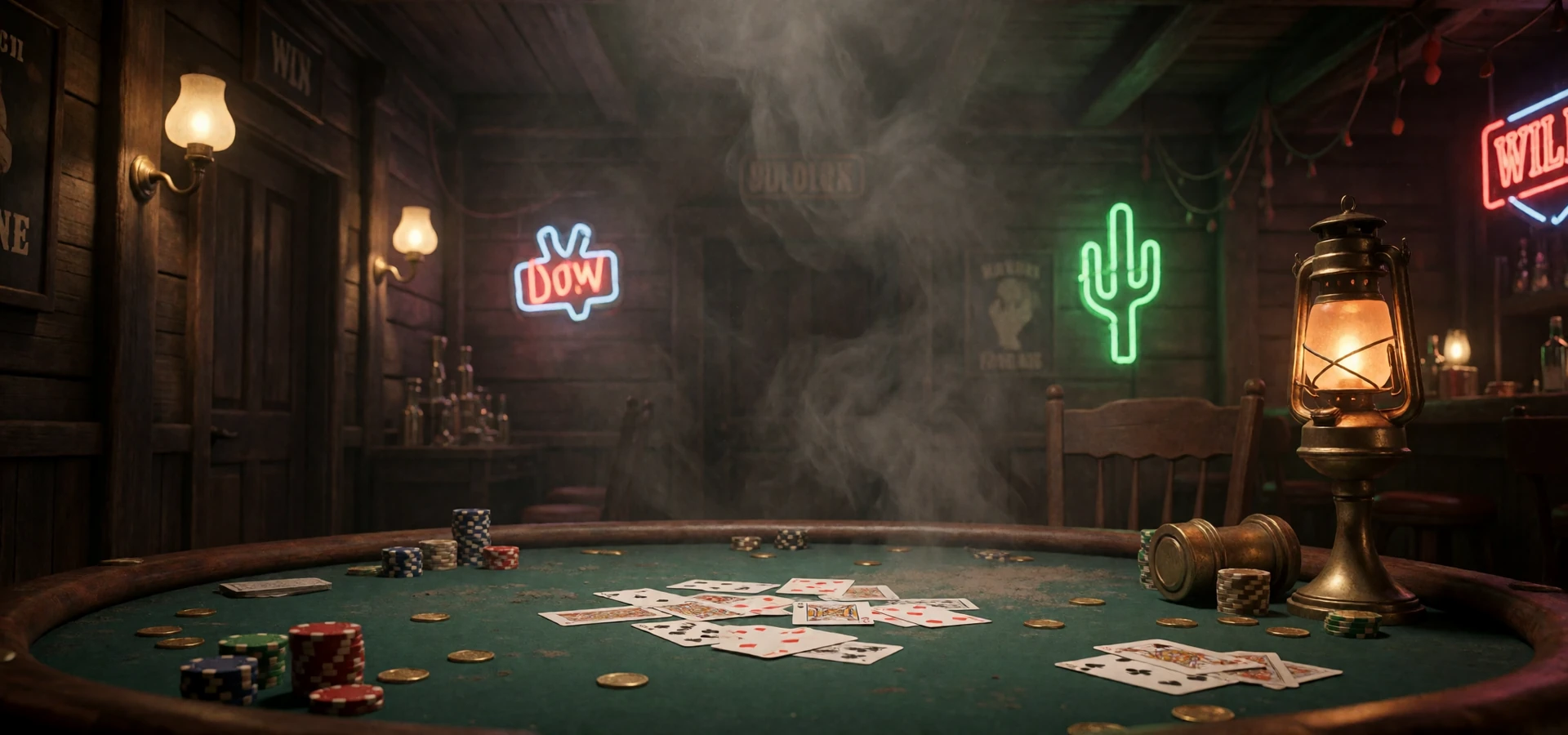 Dunkler Saloon-Kartentisch mit gr&uuml;nem Neonlicht f&uuml;r Lizaro Casino Spiele