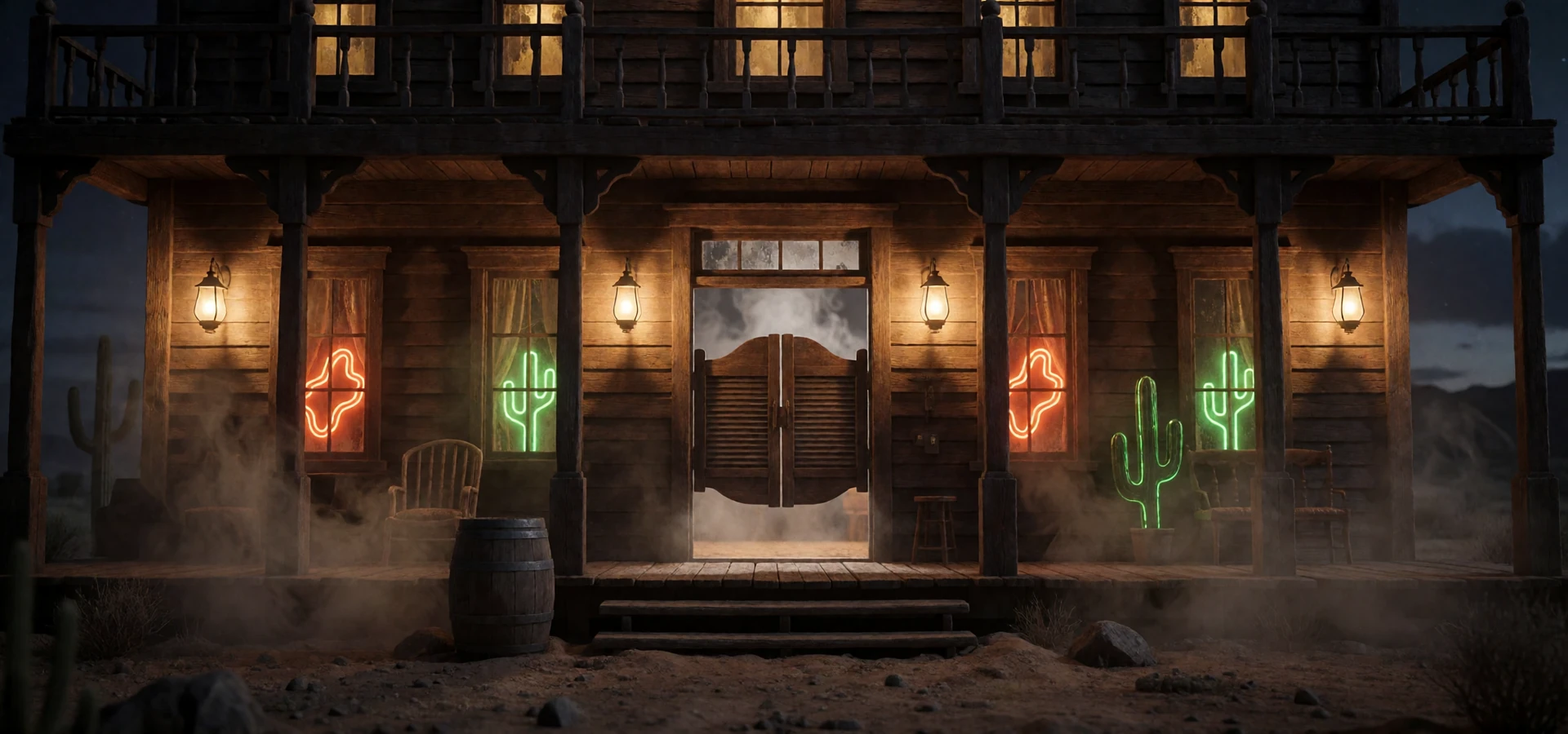 N&auml;chtlicher Wild-West-Saloon mit Neonlicht als Kulisse f&uuml;r Lizaro Casino Deutschland
