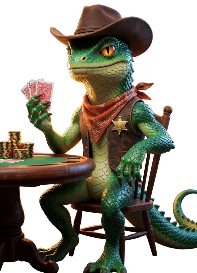 3D Echsen-Cowboy am Kartentisch als Maskottchen der Lizaro Casino Spiele