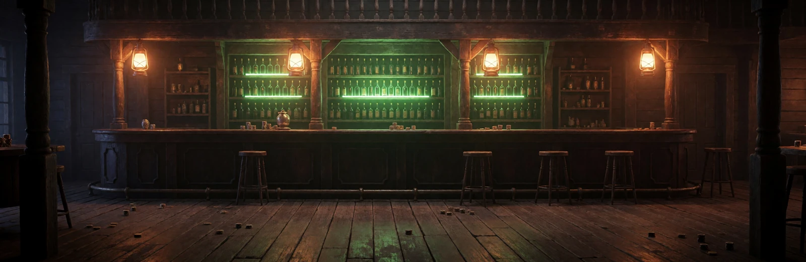 Western-Saloon-Bar mit gr&uuml;n leuchtenden Flaschen f&uuml;r Lizaro Casino CTA