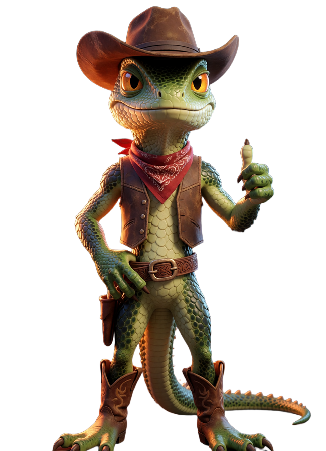 3D Echsen-Cowboy Maskottchen in selbstbewusster Pose f&uuml;r Lizaro Casino