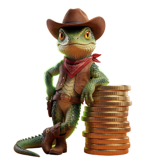 Echsen-Cowboy lehnt an Goldm&uuml;nzen als Motiv f&uuml;r den Lizaro Casino Bonus