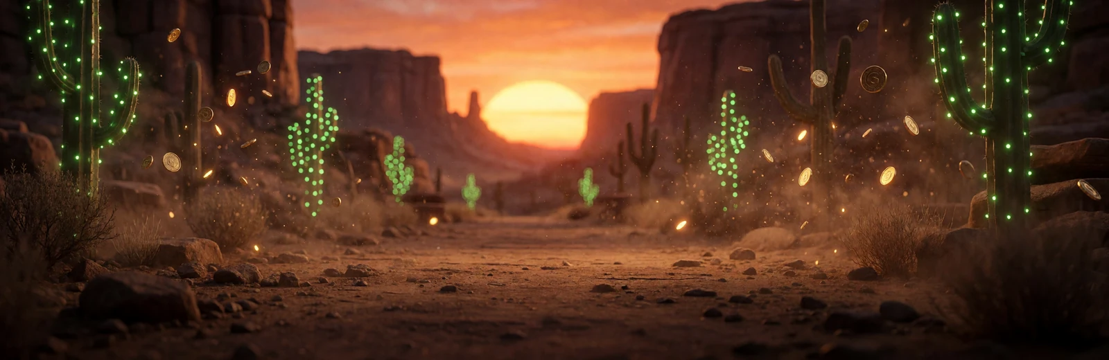 Western-Pfad bei D&auml;mmerung mit orangefarbenem Neonlicht f&uuml;r den Lizaro Bonus CTA